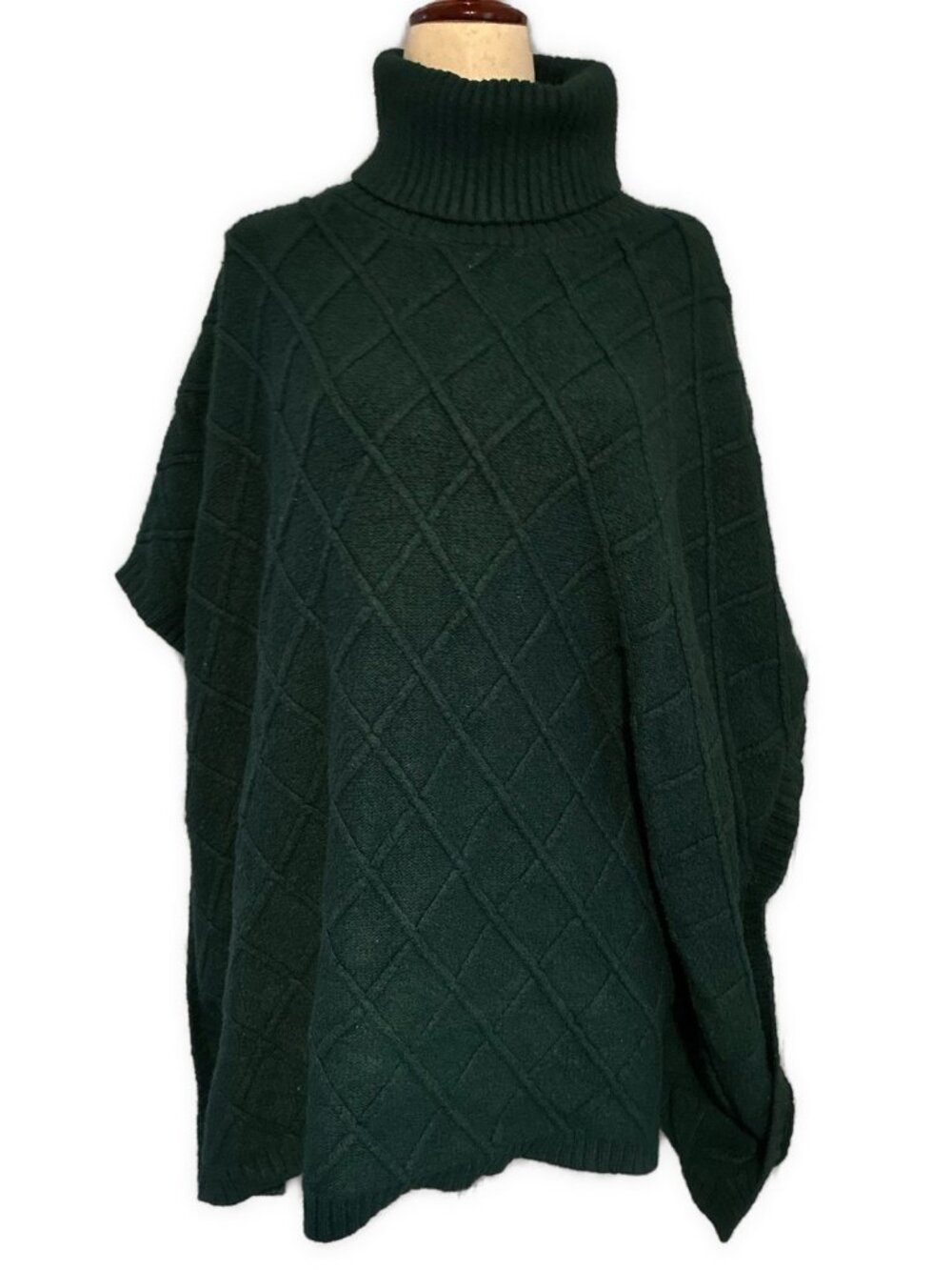 LOFT Green Turtleneck Diamond Knit Poncho Cape Sweater Pullover Medium Large